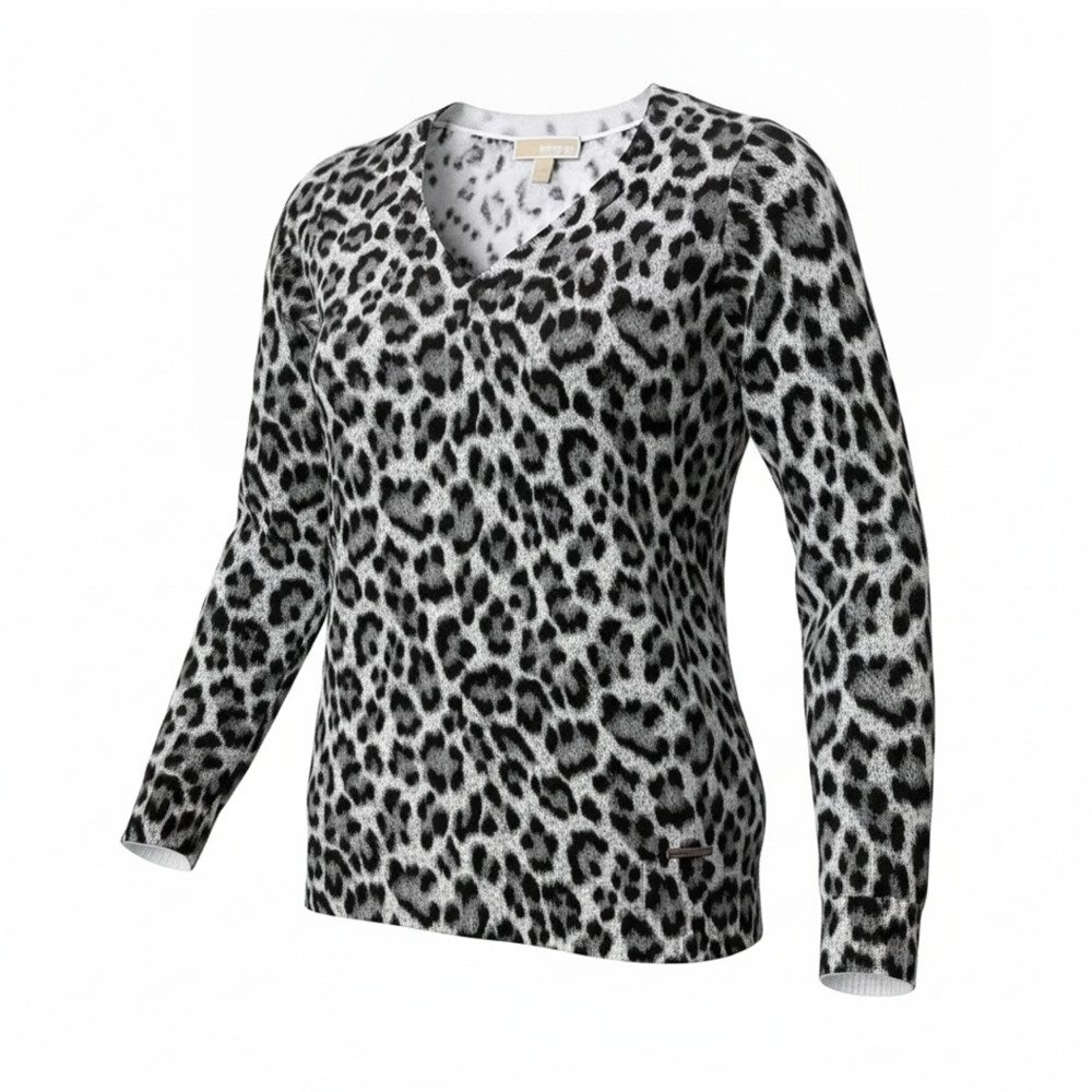 Michael Kors Leopard Print V Neck Sweater Size L Black Gray